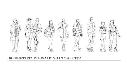 Sketch. Group of business people walking in the city. Collection of silhouettes for your project. Front view