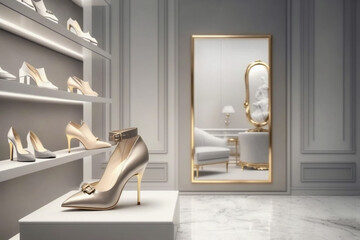 Modern women's shoe store, super photo realistic background. Generative ai illustration