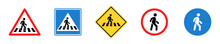 Set Of Pedestrian Crossing Vector Signs. Crosswalk Or Zebra. Pedestrians Traffic Road Sign. No Walking. Area For Crossing Road.