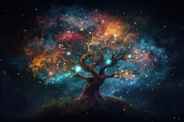 fantasy tree in the night sky with stars and nebula, generative ai