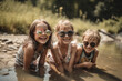 Happy children having fun on the summer river. Kids playing in water. Generative AI