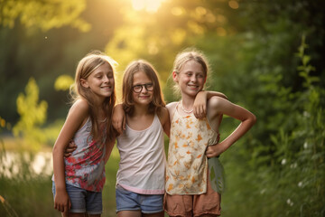 portrait of three cute little girls standing in the park at sunset, generative ai