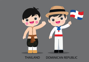 Thailand and Dominican republic in national dress vector illustrationa