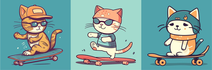 Flat color vector of happy cats on skateboard set collection