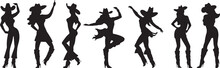 Silhouette Of Beautiful Cowgirl Girl Dancing At The Country Music Festival. Beautiful Slender Women In Cowboy Hat