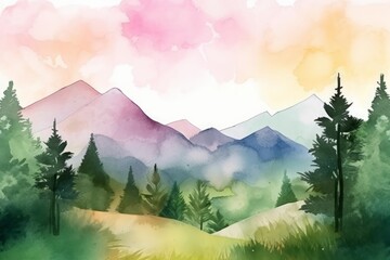 Wall Mural - Hand painted watercolor nature background, landscape with mountains. Generative AI