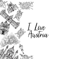 Wall Mural - Poster card with hand drawn sketch style Austria related places, buildings, objects isolated on white background. Vector illustration.