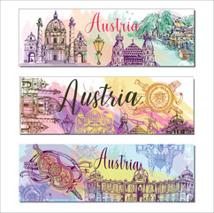 Wall Mural - Poster card with hand drawn sketch style Austria related places, buildings, objects isolated on white background. Vector illustration.