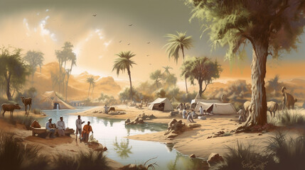  sunset on the serene oasis with palm trees, tents, and camels. people lounging in the shade. basking in the sun's warmth. Created using generative AI.