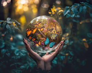 Wall Mural - He is holding a glass globe in which there are many kinds of butterflies. Protect insects concept. They are an important part of the ecosystem. AI generated illustration.