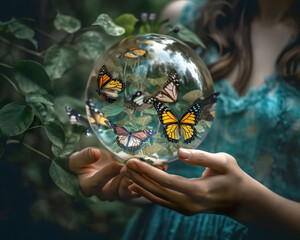 Wall Mural - He is holding a glass globe in which there are many kinds of butterflies. Protect insects concept. They are an important part of the ecosystem. AI generated illustration.