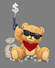 Sticker - Vector cartoon illustration, hand drawn teddy bear holding gun with lot of money