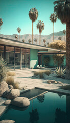 Illustration of a mid century house, sunny day with a pool and lots of palm trees, vintage coloring tone, ai generative
