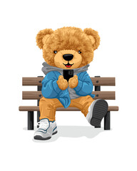 vector cartoon illustration, cute teddy bear sitting on bench while holding smartphone