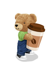 Wall Mural - Vector cartoon illustration, cute teddy bear hugging big coffee cup