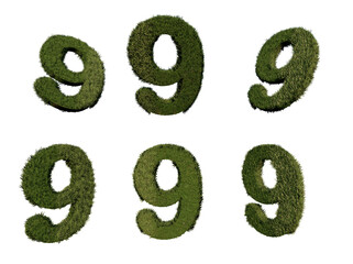 Poster - 3d rendering number 9 from grass in different positions