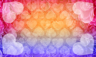 Wall Mural - abstract blur big heart placed in four corners and blur heart stacked on blur pink and violet roses background, banner, template, card, pattern, object, nature, fashion, copy space