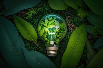 light bulb against nature on green leafs energy sources for renewable, sustainable development. Ecology concept. Neural network AI generated art
