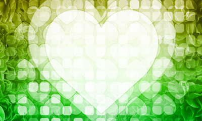 Wall Mural -  white heart on blur heart on small hearts stacked on gradient rounded rectangle on blur green roses background, banner, template, card, pattern, object, nature, fashion, texture, copy space