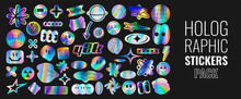 Set Of Holographic Retro Futuristic Stickers. Vector Illustration With Iridescent Foil Adhesive Film With Symbols And Objects In Y2k Style. Holographic Futuristic Labels.