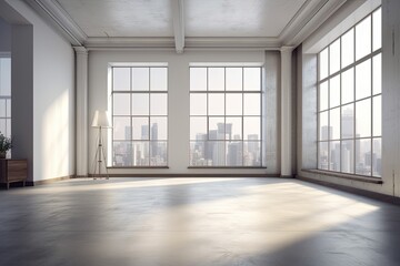 Poster - Illustration of an empty room with panoramic view of a cityscape through large windows. Generative AI