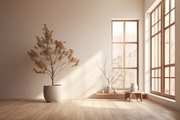 Wall Mural - bright room with a large window and a potted plant on the windowsill. Generative AI