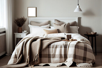 Wall Mural - Modern interior of light bedroom with frame and flower, AI Generated