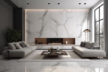 Poster - modern living room with sleek marble walls and flooring. Generative AI