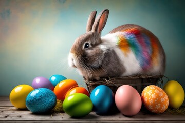 Wall Mural - Cute rabbit with colourful,colorful easter egg wallpaper background. Generative AI.