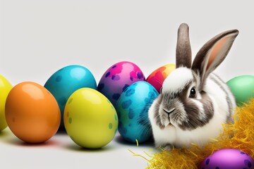 Wall Mural - Cute rabbit with colourful,colorful easter egg wallpaper background. Generative AI.