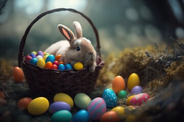 Wall Mural - Colourful of easter egg in basket with cute bunny rabbit. Festival of easter. Rabbit in basket with blur effect wallpaper background. Generative AI.