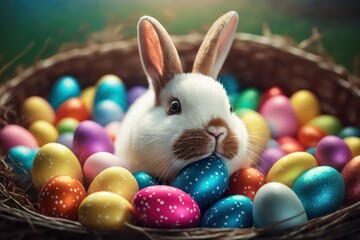 Wall Mural - Colourful of easter egg in basket with cute bunny rabbit. Festival of easter. Rabbit in basket with blur effect wallpaper background. Generative AI.