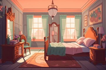 Poster - cozy bedroom with a comfortable bed, dresser, and mirror. Generative AI