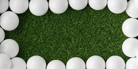 White golf ball border or frame over green grass background with copy space top view from above
