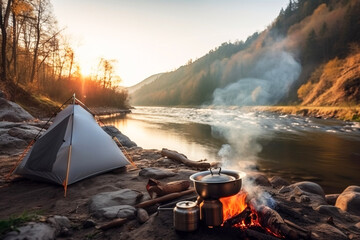 tent near the river in summer with a fire and a pot from which steam comes from food. ai generated.