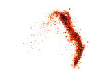 Fototapeta  - Isolated pepper splashes on a white background. Explosion. Chile. Paprika. Spice. Hot pepper powder. Taste of pepper. Mexican. Element for the design. Flying powder.