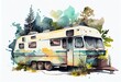 Watercolor Illustration of a Modern Recreational Vehicle Living On The Road And Traveling Anywhere You Can Drive With This Sustainable Rv With. Generative AI