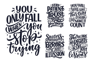 set with hand drawn motivation lettering quotes in modern calligraphy style. inspiration slogans for
