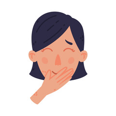 Wall Mural - Woman Head and Face Laughing Covering Mouth with Hand Gesture Vector Illustration