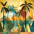 © lublubachka - Golden Sunset with tropical palm trees and leaves, geometry abstract collage background, ai generative