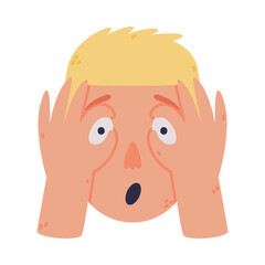 Sticker - Man Head and Face with Surprised Emotion and Hand Gesture Vector Illustration