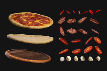 pepperoni pizza with ingredients on a black isolated background