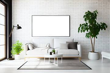 Wall Mural - Design scandinavian interior of living room with flowers in vase and mockup frame. AI Generated