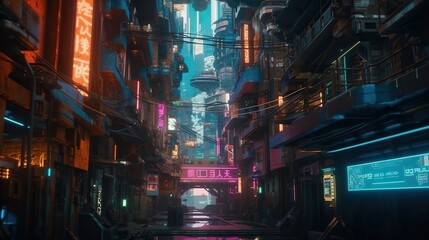 Wall Mural - Futuristic cyberpunk city street under glowing light of neon signs. Generative AI