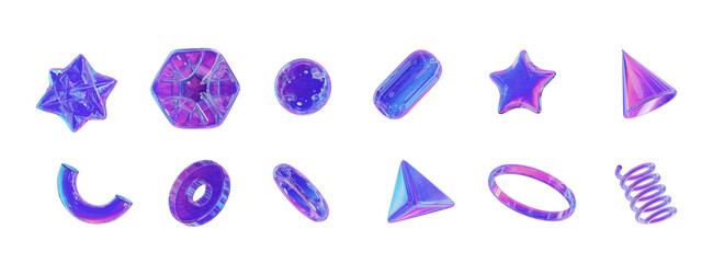Aufkleber - 3d set holographic geometric shape: square, cylinder, sphere, pyramid, torus, star, cone, icosphere. Metal simple figures with grid for your design on isolated background. 3d rendering.
