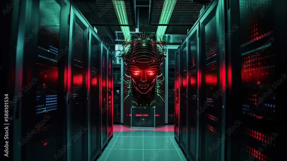 Evil AI face in data center. Danger of strong artificial intelligence ...