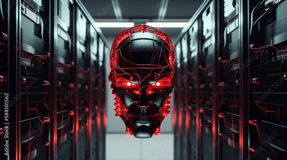 Evil AI face in data center. Danger of strong artificial intelligence ...