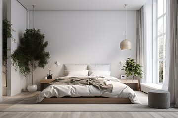 Canvas Print - Cozy Bedroom with a Bed and a Potted Plant in the Corner. Generative AI