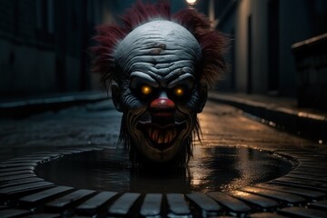 Evil clown. Portrait of scary spooky clown monster peeking out of a sewer manhole. Generative AI