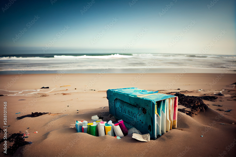Spilled garbage on the beach of the big city. Dirty sea sandy shore the Black Sea. Ecological problem. Moving waves in the background, AI Generated